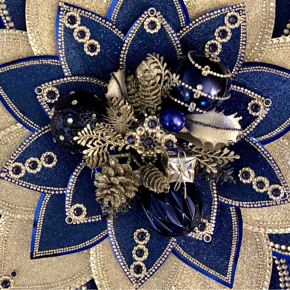 Beautiful Christmas Navy Blue/Silver Glitter/Metallic Card Stock Paper Flower 💎